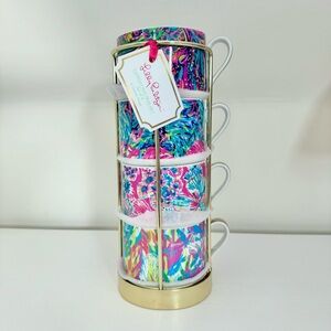 BWNT! Lilly Pulitzer Cappuccino Mug Set of 4 Stackable in Metal Gold Toned Stand